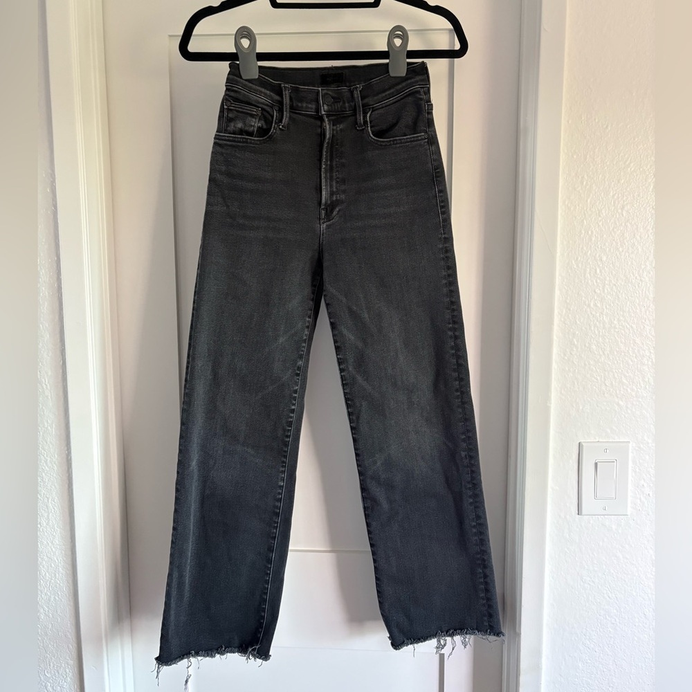 MOTHER Jean The Rambler Zip Ankle Raw Hem Straight Black Distressed Size 25 READ